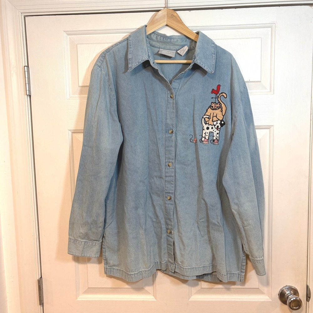 Blair Women 2XL Vintage 90s Denim Shirt Embroidered Cat Bird Dog Mouse Button Up - Picture 2 of 10
